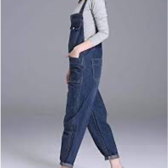 Soojun Casual Loose Fit Baggy Denim Bib Overall Sz M Cotton Stretch Blue Spring - Picture 2 of 15